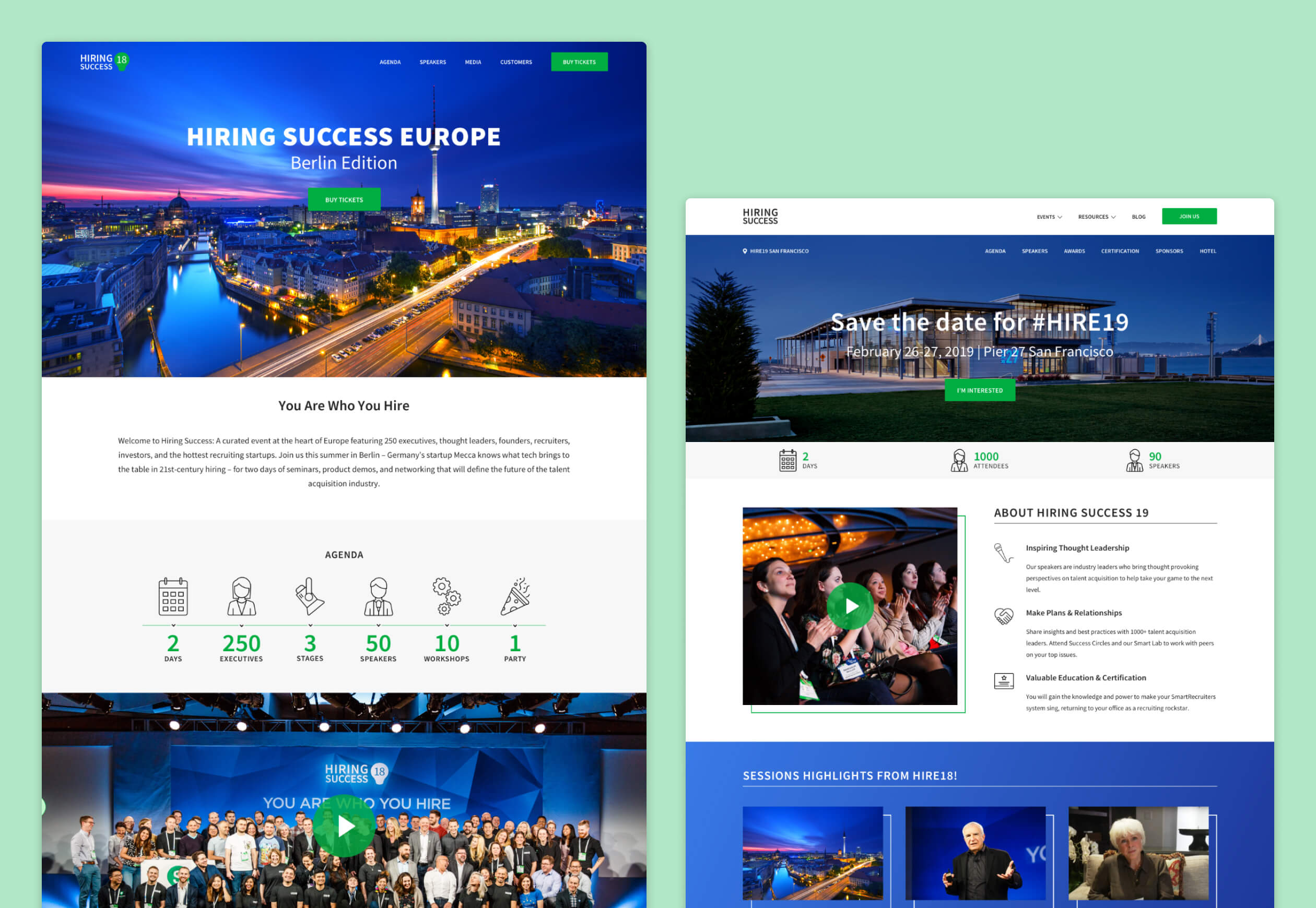 Landing pages for 2 different events