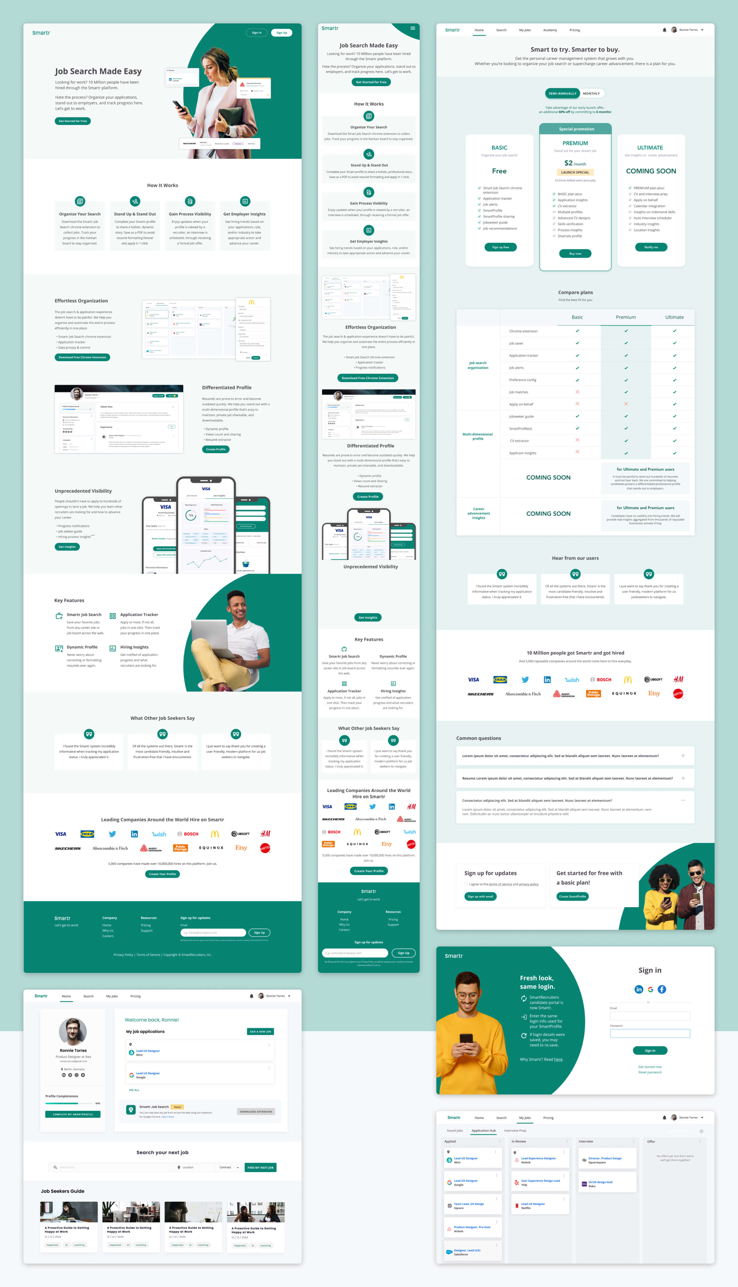 Final designed pages, including: homepage for desktop and for mobile, pricing page, profile page, login page and my jobs page